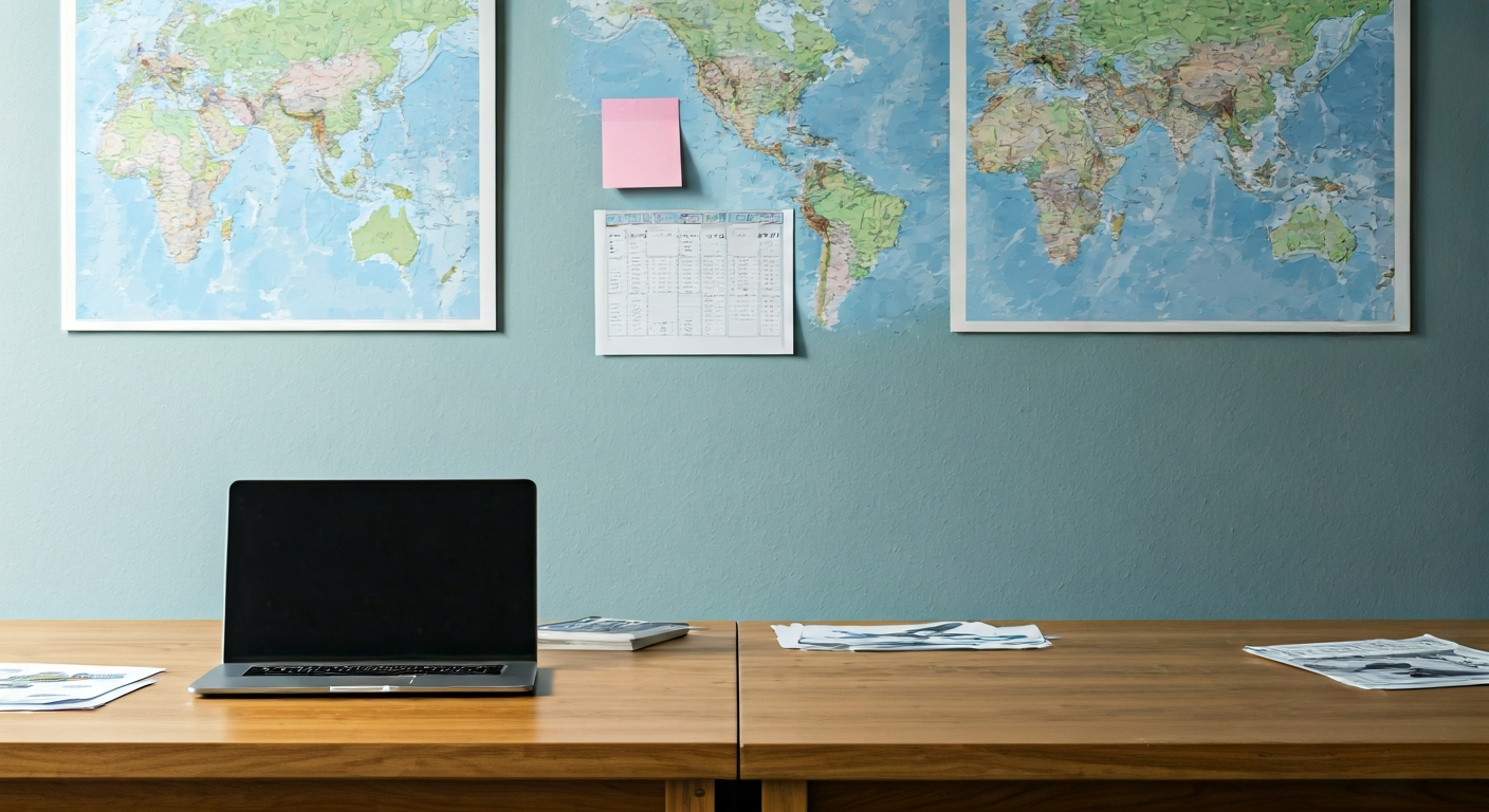 Bright creative office with travel maps on the wall, laptops on desks and printed schedules, illustrating a calm environment for developing structured travel education content