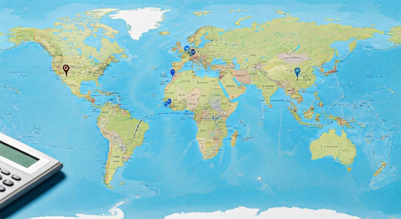 Travel map with highlighted routes, calculator and budget notes, showing structured planning for international travel and the careful calculation of expenses and time