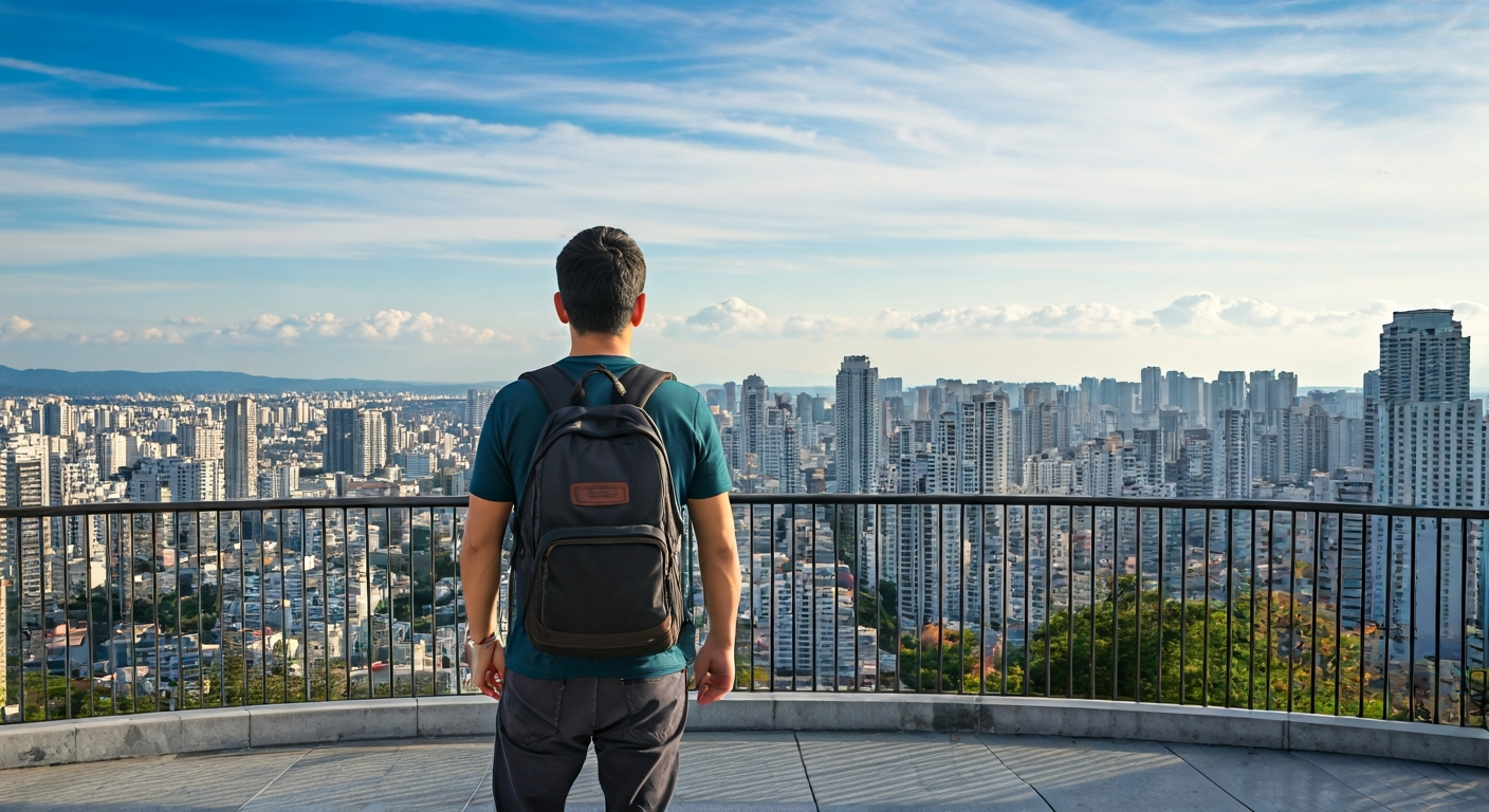 Traveler looking at a city skyline from a viewpoint with a small backpack, representing thoughtful planning and a calm approach to exploring new destinations