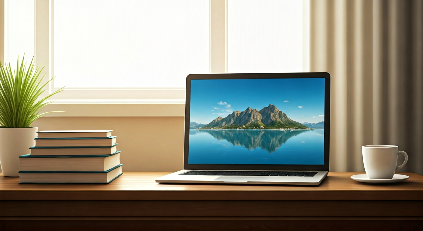 Modern office desk with travel books, laptop and a cup of coffee near a window, illustrating a calm workspace for travel planning and communication