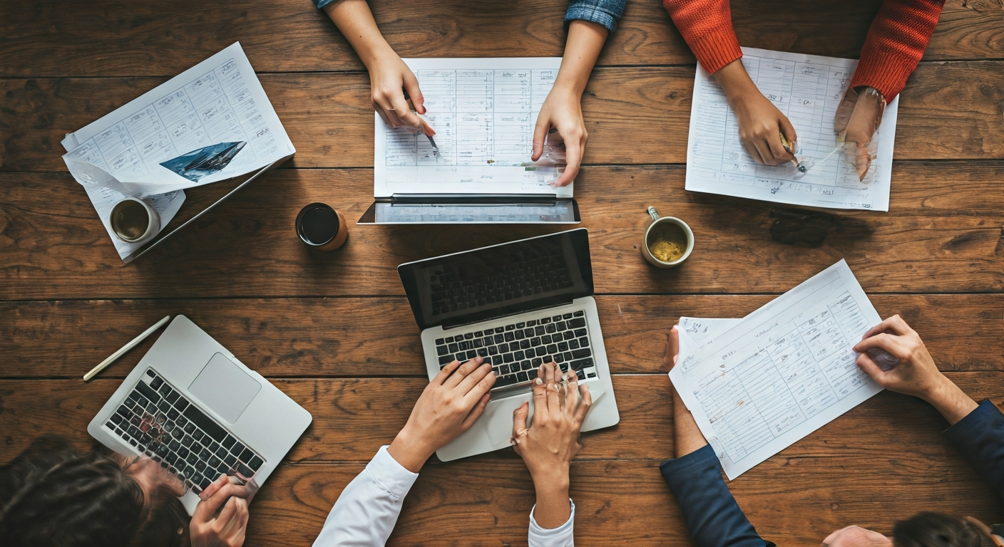 Small group of travelers sitting around a table with laptops and printed schedules, collaborating on a travel plan and discussing itineraries in a calm environment