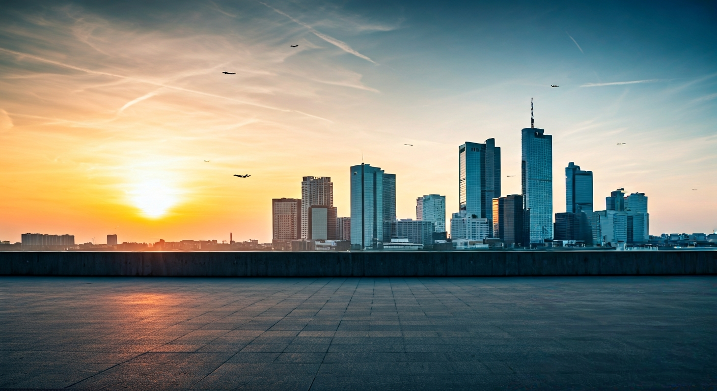 Wide panoramic view of a European city skyline at sunrise with planes in the distance, representing international travel planning and calm, organized departure from Poland