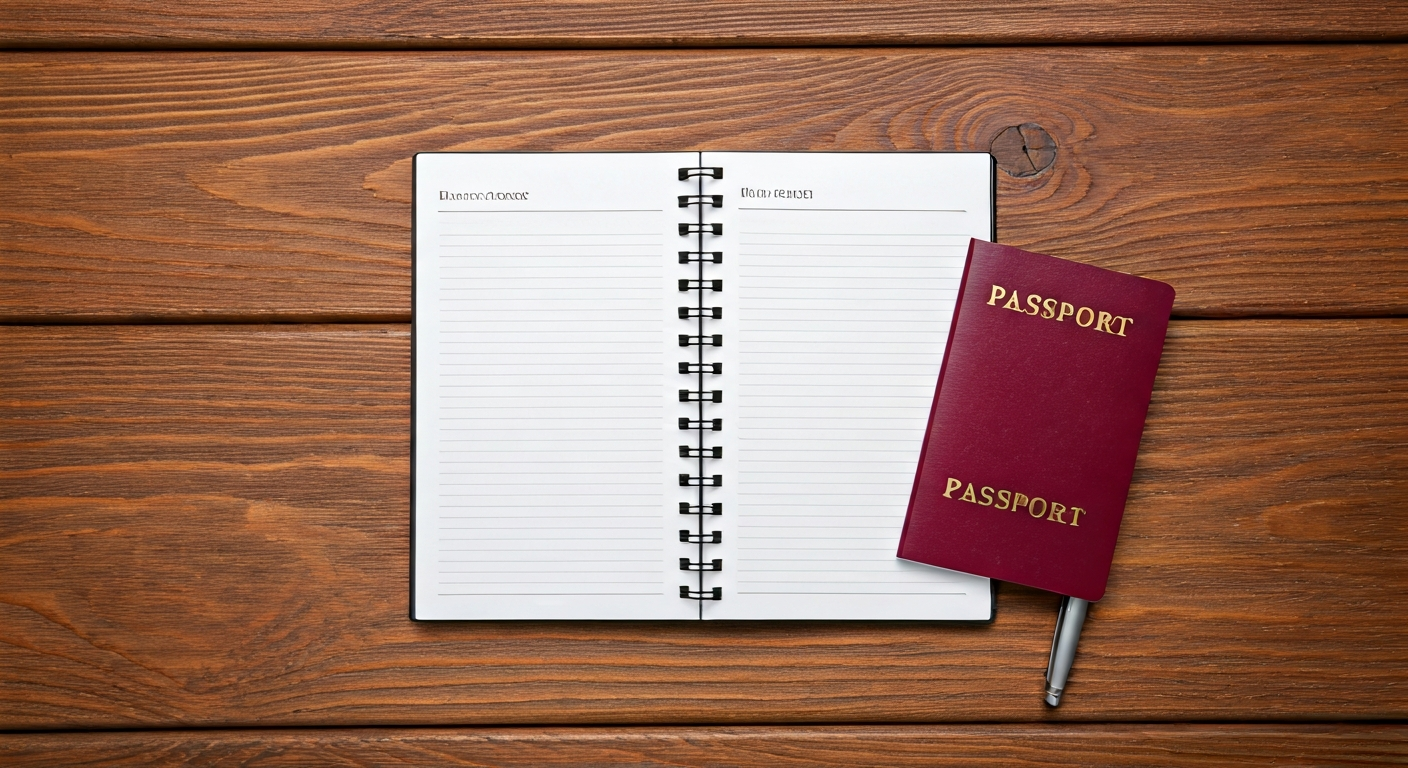 Top view of a notebook with travel checklist, passport and pen on a wooden table, showing practical preparation steps for organized international trips from Poland