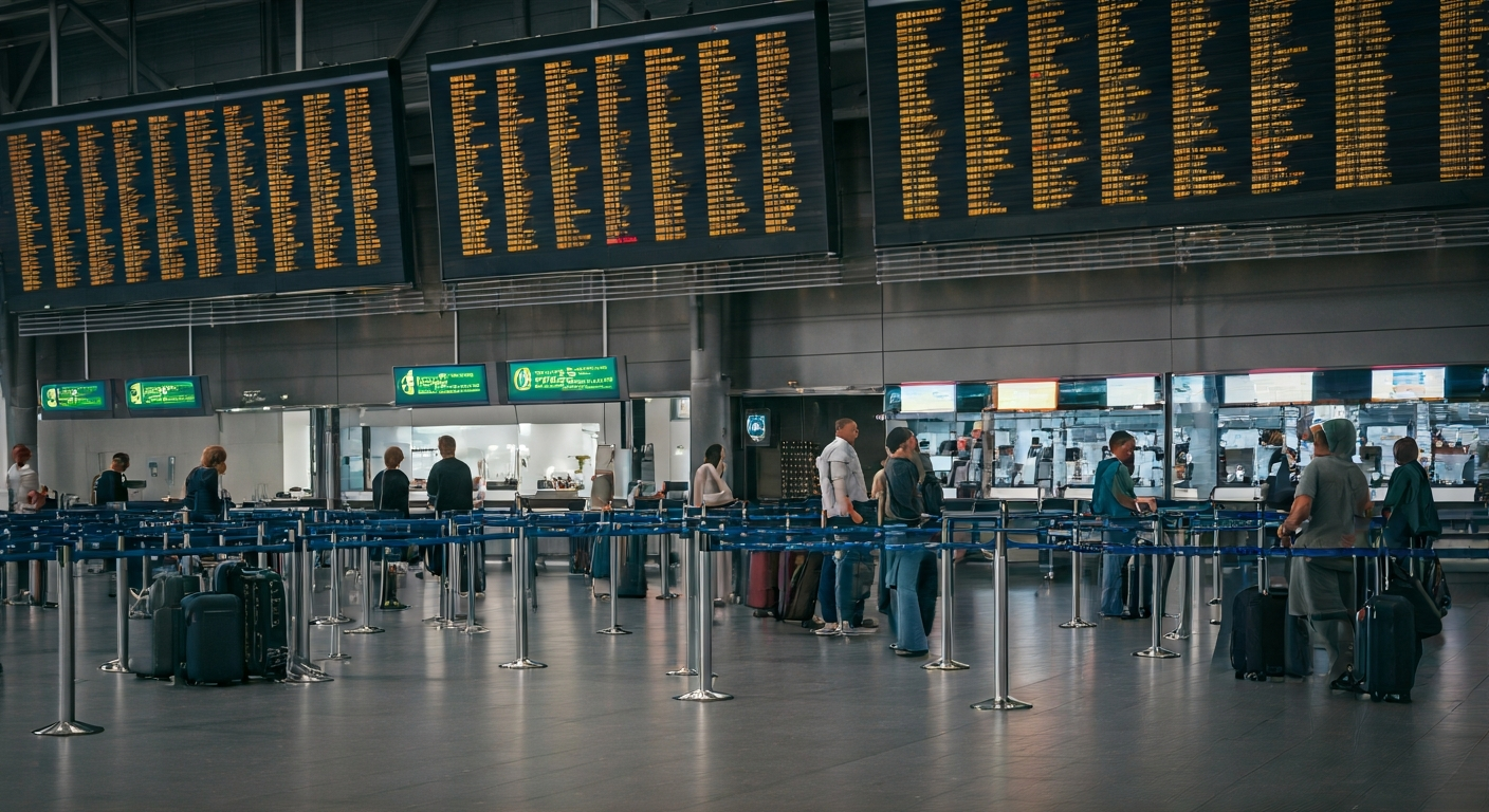 Modern airport terminal in Poland with travelers checking flight boards and holding carry-on luggage, illustrating preparation for international departures and organized travel routines