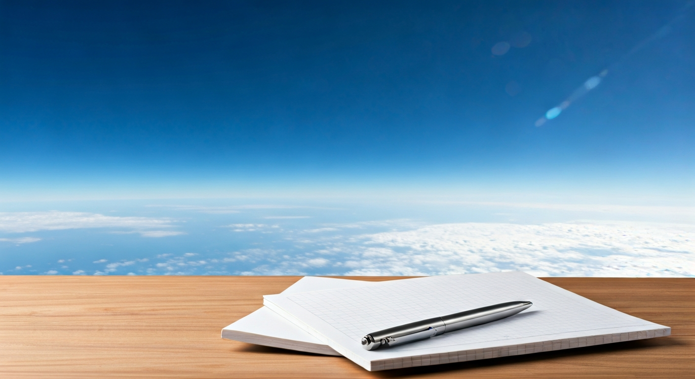 Airplane wing over clouds with a travel notebook and pen on a tray table, symbolizing structured learning about flight planning and travel organization