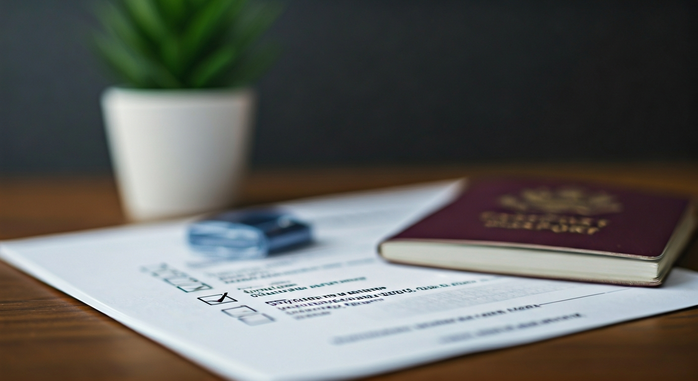 Close-up of travel documents with passport, insurance policy and checklist on a desk, representing careful preparation of safety and formal requirements
